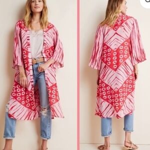 Anthropologie Blank London Lia Shibori Kimono Pink Red Tie Dye Duster One Size